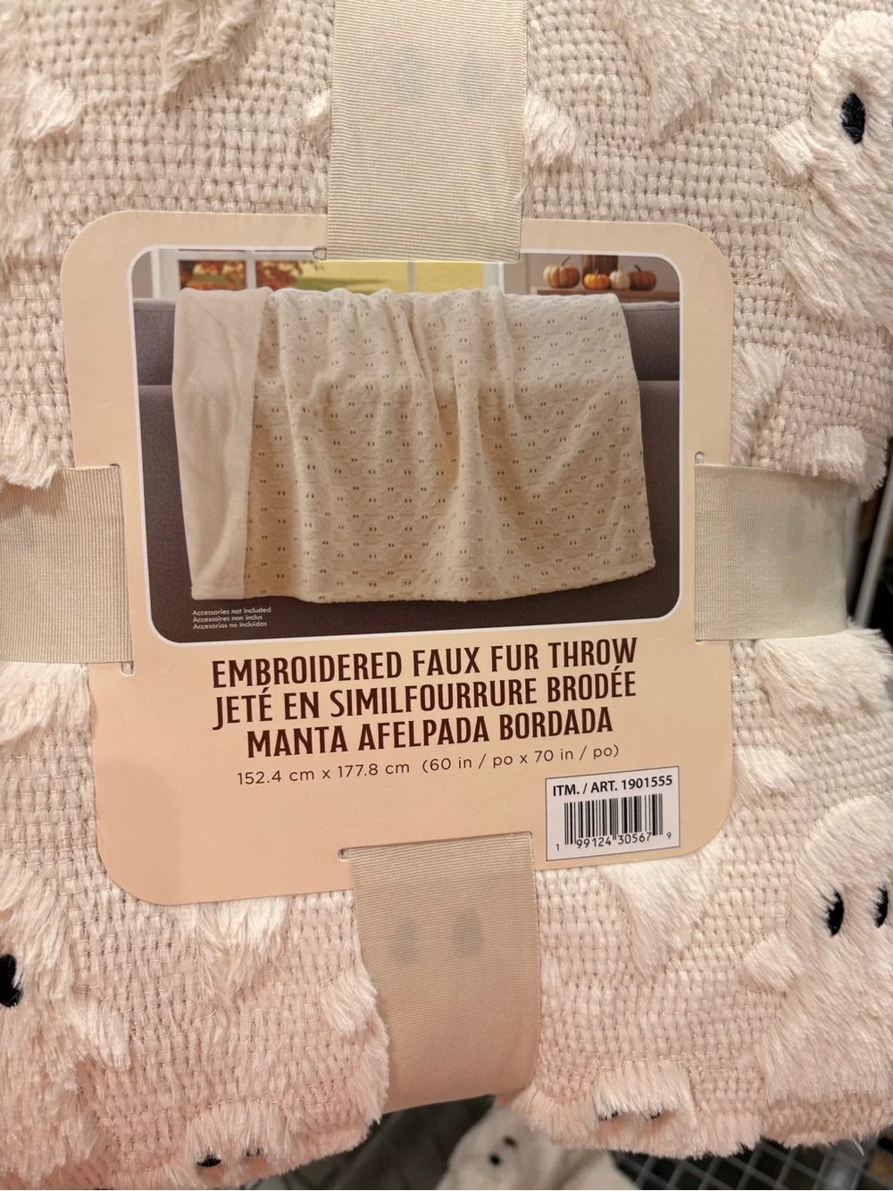 Embroidered Faux Fur Ghost Throw - Cream